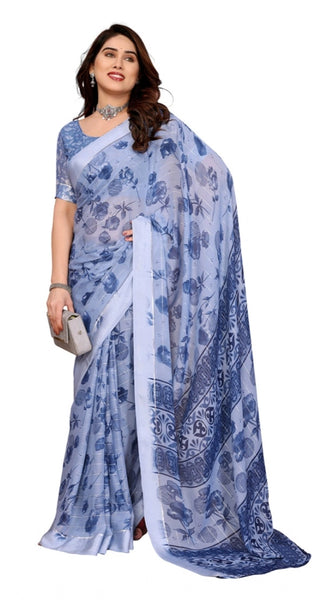 Mayawye Women's Georgette Printed Saree With Unstitched Blouse 5.5Mtr (Light Blue)