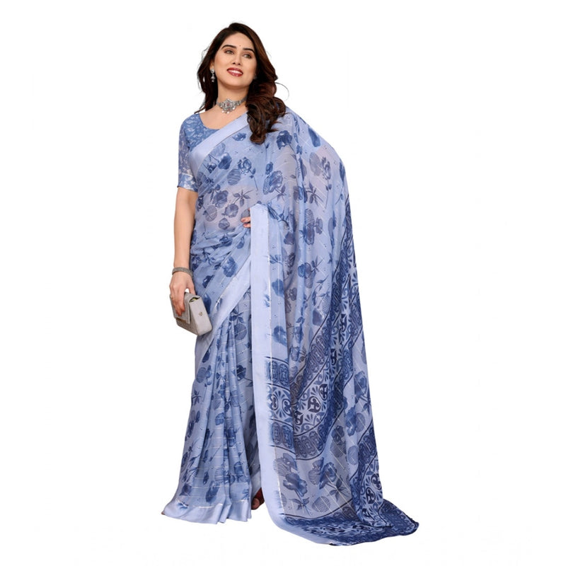 Mayawye Women's Georgette Printed Saree With Unstitched Blouse 5.5Mtr (Light Blue)