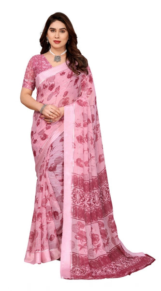 Mayawye Women's Georgette Printed Saree With Unstitched Blouse 5.5Mtr (Pink)
