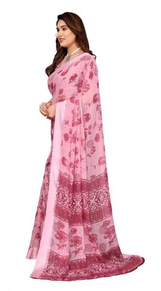 Mayawye Women's Georgette Printed Saree With Unstitched Blouse 5.5Mtr (Pink)