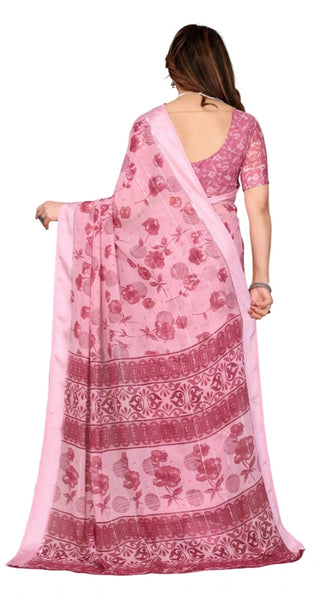 Mayawye Women's Georgette Printed Saree With Unstitched Blouse 5.5Mtr (Pink)