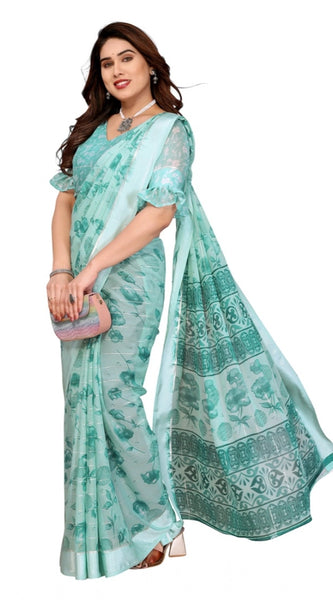 Mayawye Women's Georgette Printed Saree With Unstitched Blouse 5.5Mtr (Green)