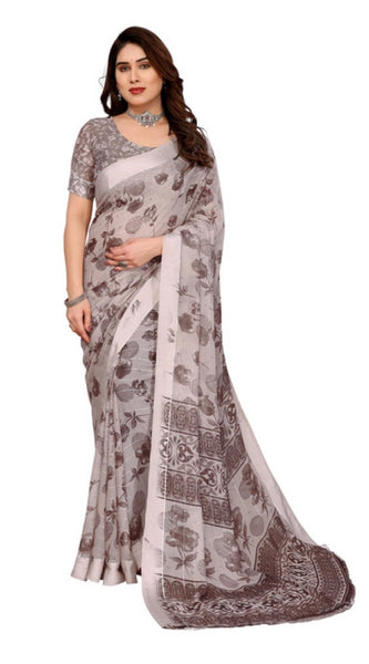 Mayawye Women's Georgette Printed Saree With Unstitched Blouse 5.5Mtr (Grey)