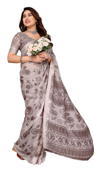 Mayawye Women's Georgette Printed Saree With Unstitched Blouse 5.5Mtr (Grey)
