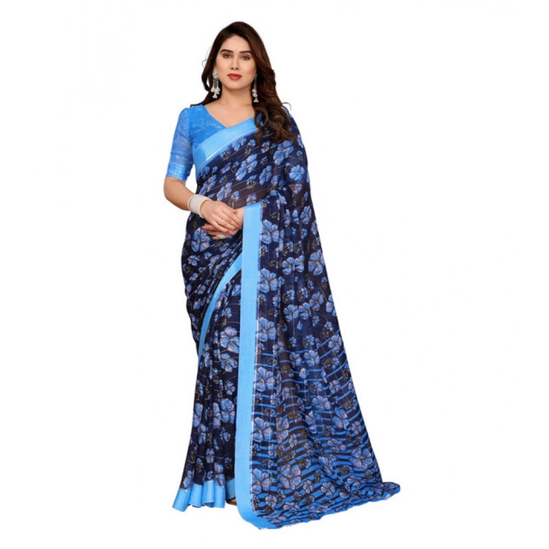 Mayawye Women's Georgette Printed Saree With Unstitched Blouse 5.5Mtr (Blue)