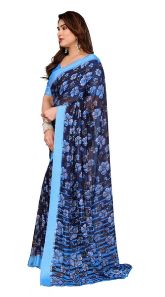 Mayawye Women's Georgette Printed Saree With Unstitched Blouse 5.5Mtr (Blue)