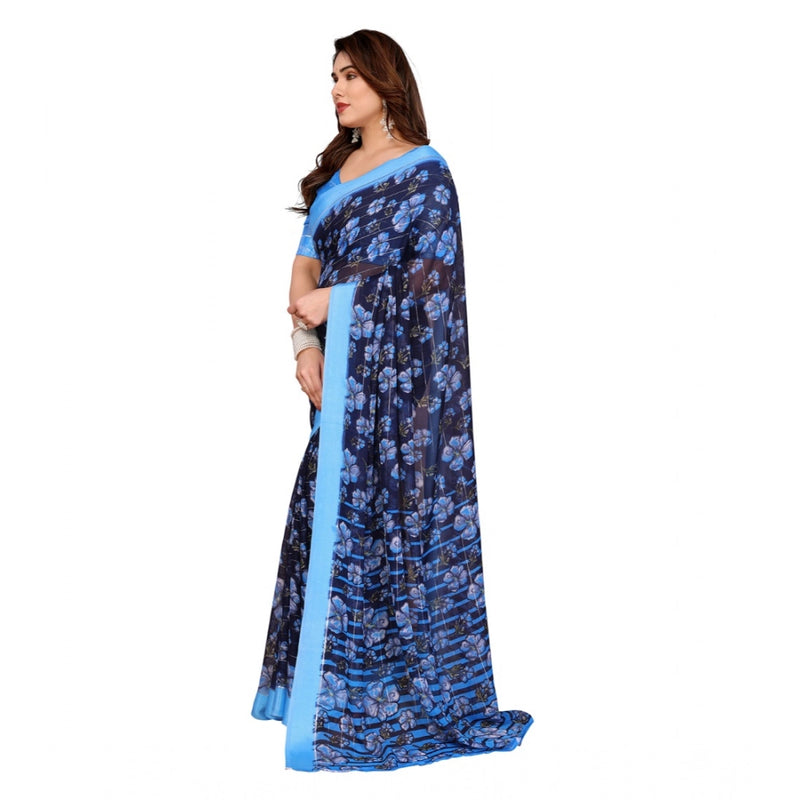 Mayawye Women's Georgette Printed Saree With Unstitched Blouse 5.5Mtr (Blue)