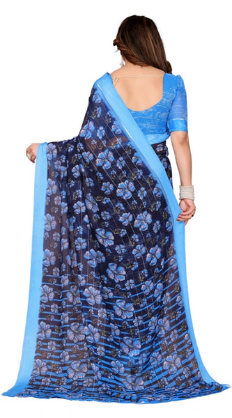Mayawye Women's Georgette Printed Saree With Unstitched Blouse 5.5Mtr (Blue)