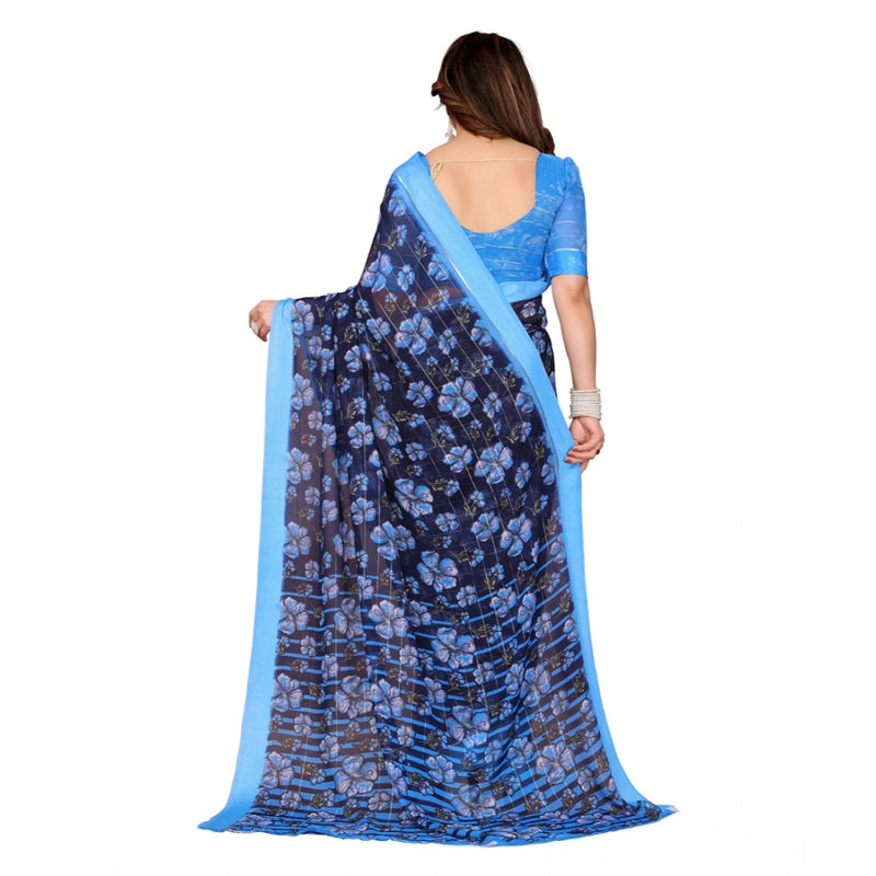 Mayawye Women's Georgette Printed Saree With Unstitched Blouse 5.5Mtr (Blue)