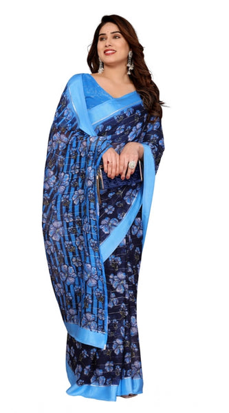 Mayawye Women's Georgette Printed Saree With Unstitched Blouse 5.5Mtr (Blue)