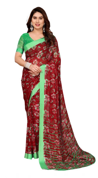 Mayawye Women's Georgette Printed Saree With Unstitched Blouse 5.5Mtr (Red)