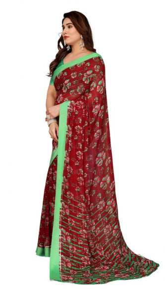 Mayawye Women's Georgette Printed Saree With Unstitched Blouse 5.5Mtr (Red)