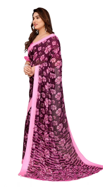 Mayawye Women's Georgette Printed Saree With Unstitched Blouse 5.5Mtr (Pink)