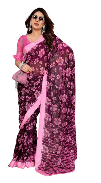 Mayawye Women's Georgette Printed Saree With Unstitched Blouse 5.5Mtr (Pink)