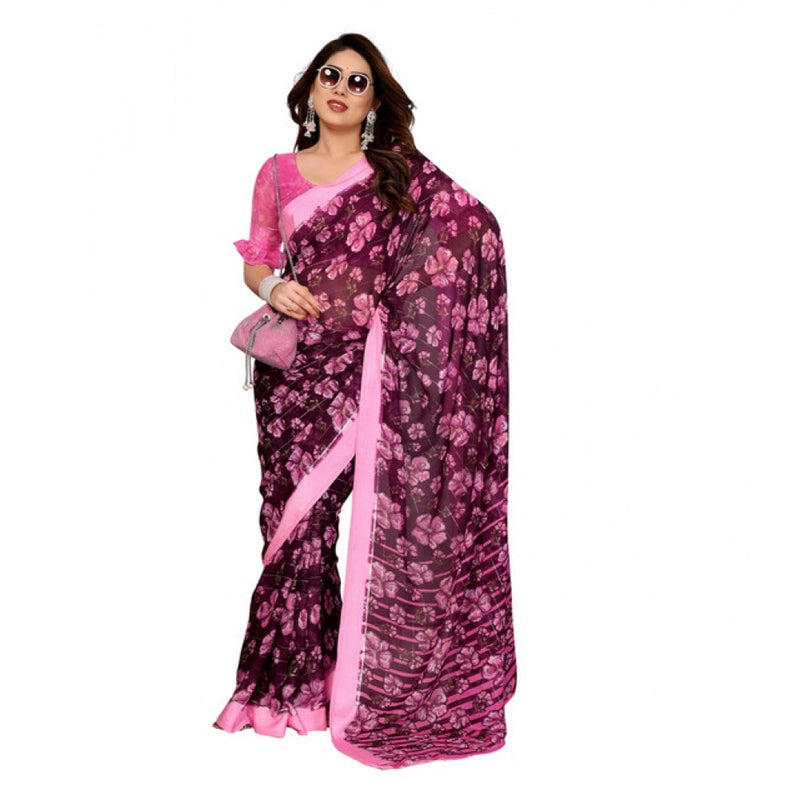 Mayawye Women's Georgette Printed Saree With Unstitched Blouse 5.5Mtr (Pink)