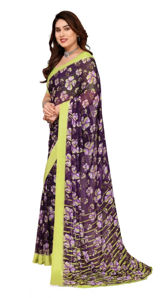 Mayawye Women's Georgette Printed Saree With Unstitched Blouse 5.5Mtr (Purple)