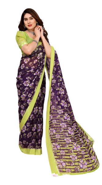 Mayawye Women's Georgette Printed Saree With Unstitched Blouse 5.5Mtr (Purple)