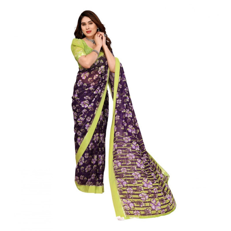 Mayawye Women's Georgette Printed Saree With Unstitched Blouse 5.5Mtr (Purple)