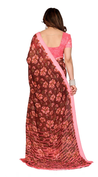 Mayawye Women's Georgette Printed Saree With Unstitched Blouse 5.5Mtr (Maroon)
