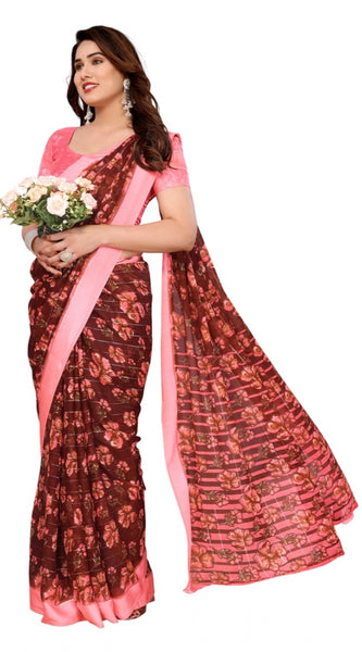 Mayawye Women's Georgette Printed Saree With Unstitched Blouse 5.5Mtr (Maroon)