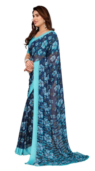 Mayawye Women's Georgette Printed Saree With Unstitched Blouse 5.5Mtr (Sky Blue)