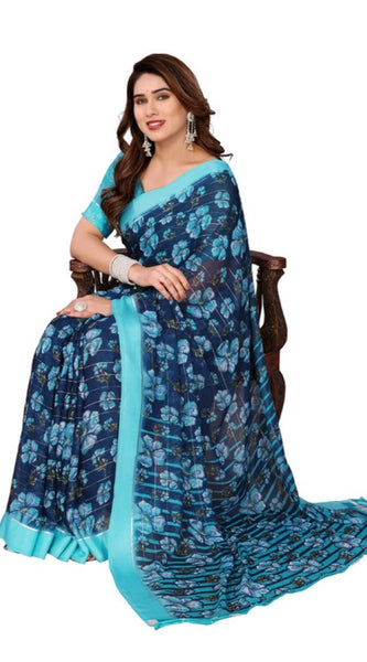 Mayawye Women's Georgette Printed Saree With Unstitched Blouse 5.5Mtr (Sky Blue)