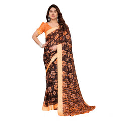 Mayawye Women's Georgette Printed Saree With Unstitched Blouse 5.5Mtr (Brown)