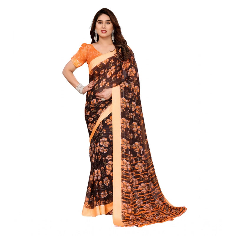 Mayawye Women's Georgette Printed Saree With Unstitched Blouse 5.5Mtr (Brown)