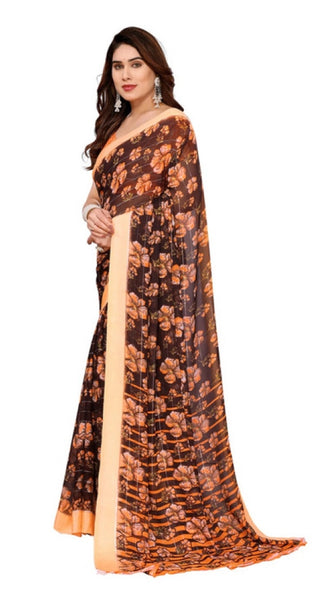 Mayawye Women's Georgette Printed Saree With Unstitched Blouse 5.5Mtr (Brown)