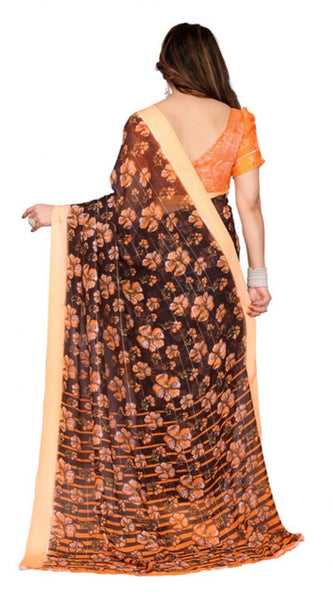 Mayawye Women's Georgette Printed Saree With Unstitched Blouse 5.5Mtr (Brown)