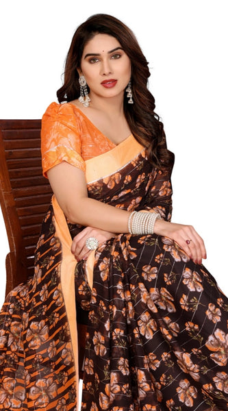 Mayawye Women's Georgette Printed Saree With Unstitched Blouse 5.5Mtr (Brown)
