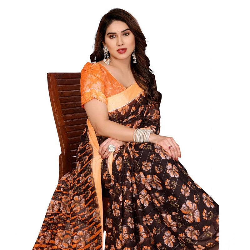 Mayawye Women's Georgette Printed Saree With Unstitched Blouse 5.5Mtr (Brown)