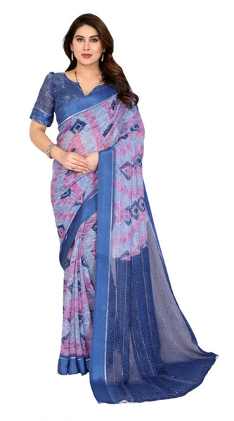 Mayawye Women's Georgette Printed Saree With Unstitched Blouse 5.5Mtr (Blue)