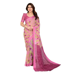 Mayawye Women's Georgette Printed Saree With Unstitched Blouse 5.5Mtr (Pink)