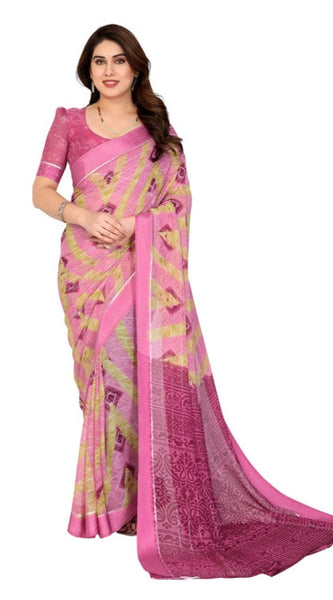 Mayawye Women's Georgette Printed Saree With Unstitched Blouse 5.5Mtr (Pink)