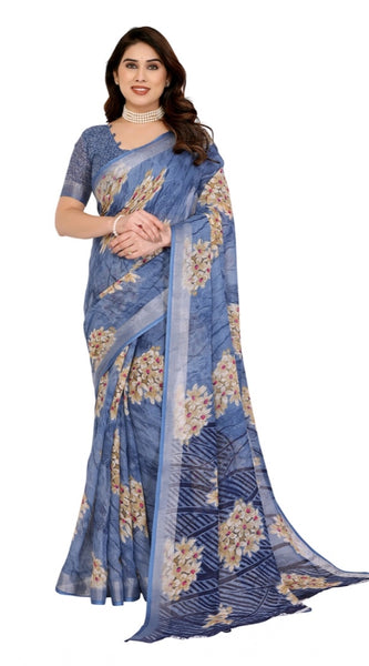 Mayawye Women's Georgette Printed Saree With Unstitched Blouse 5.5Mtr (Blue)