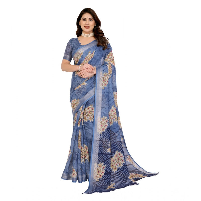Mayawye Women's Georgette Printed Saree With Unstitched Blouse 5.5Mtr (Blue)