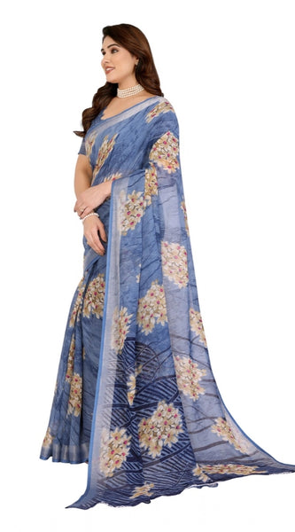Mayawye Women's Georgette Printed Saree With Unstitched Blouse 5.5Mtr (Blue)