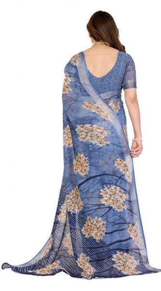 Mayawye Women's Georgette Printed Saree With Unstitched Blouse 5.5Mtr (Blue)