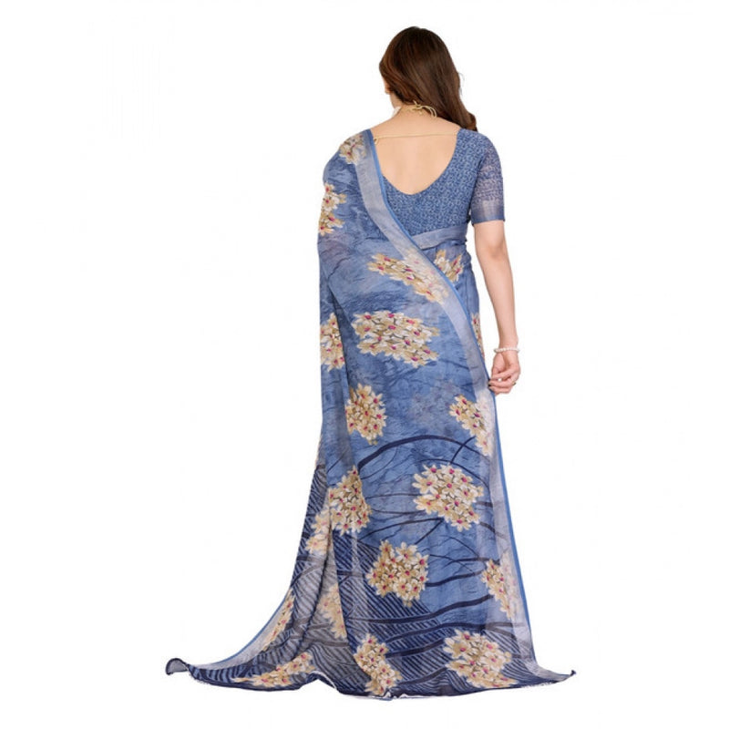 Mayawye Women's Georgette Printed Saree With Unstitched Blouse 5.5Mtr (Blue)