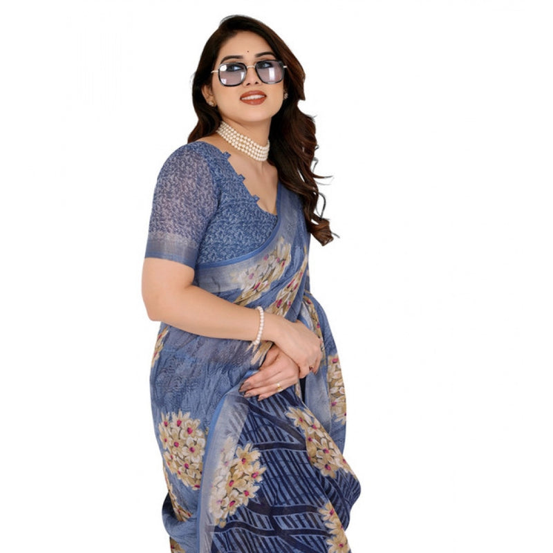 Mayawye Women's Georgette Printed Saree With Unstitched Blouse 5.5Mtr (Blue)