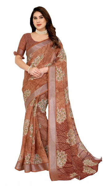 Mayawye Women's Georgette Printed Saree With Unstitched Blouse 5.5Mtr (Brown)