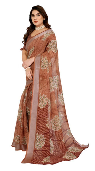 Mayawye Women's Georgette Printed Saree With Unstitched Blouse 5.5Mtr (Brown)