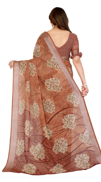 Mayawye Women's Georgette Printed Saree With Unstitched Blouse 5.5Mtr (Brown)