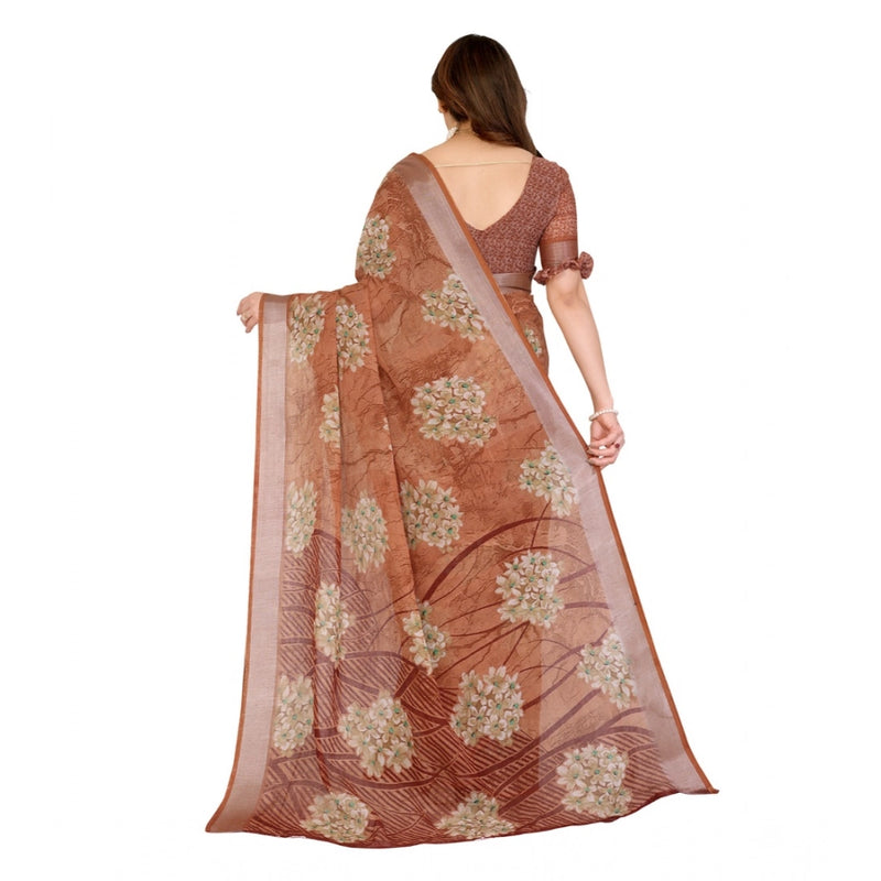 Mayawye Women's Georgette Printed Saree With Unstitched Blouse 5.5Mtr (Brown)