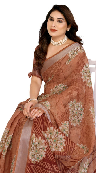 Mayawye Women's Georgette Printed Saree With Unstitched Blouse 5.5Mtr (Brown)