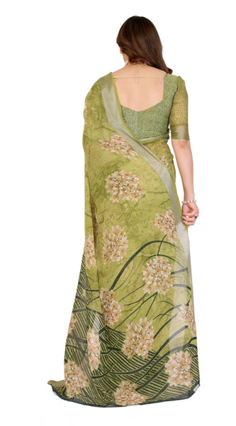 Mayawye Women's Georgette Printed Saree With Unstitched Blouse 5.5Mtr (Green)
