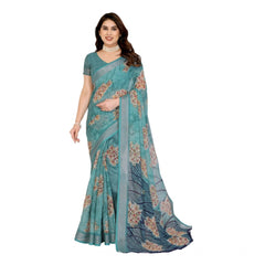 Mayawye Women's Georgette Printed Saree With Unstitched Blouse 5.5Mtr (Turquoise Green)