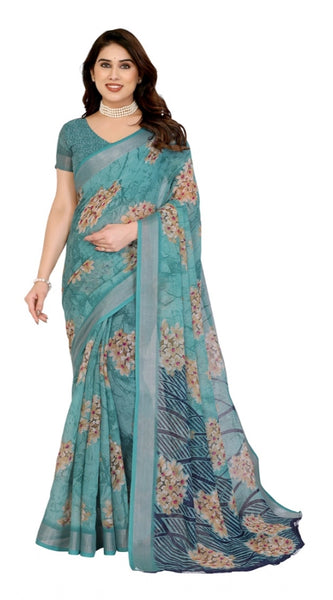 Mayawye Women's Georgette Printed Saree With Unstitched Blouse 5.5Mtr (Turquoise Green)