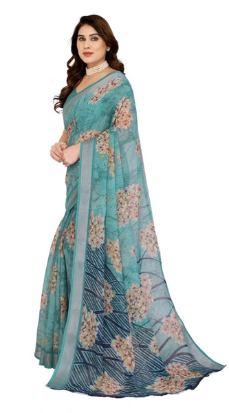 Mayawye Women's Georgette Printed Saree With Unstitched Blouse 5.5Mtr (Turquoise Green)